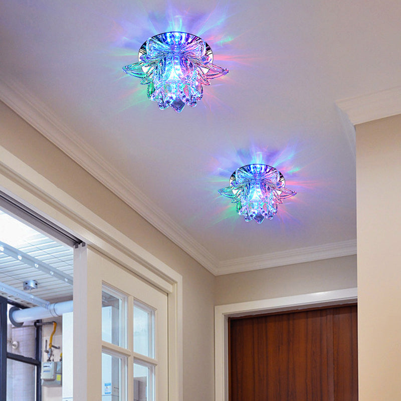 Modern Lotus Blossom Led Flush Mount Ceiling Light With Clear Crystal Accent - Ideal For Hallway