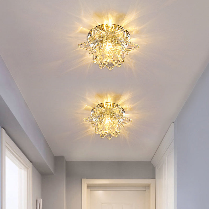 Modern Lotus Blossom Led Flush Mount Ceiling Light With Clear Crystal Accent - Ideal For Hallway