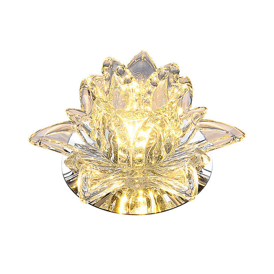 Modern Lotus Blossom Led Flush Mount Ceiling Light With Clear Crystal Accent - Ideal For Hallway