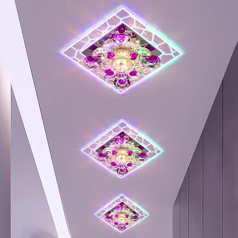 Contemporary Clear Led Crystal Ceiling Lamp For Hallway - Flower Square Flush Mount / Multi Color
