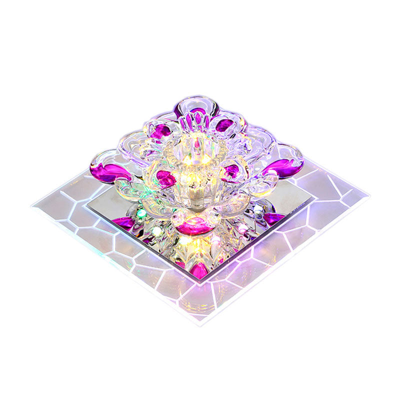 Contemporary Clear Led Crystal Ceiling Lamp For Hallway - Flower Square Flush Mount