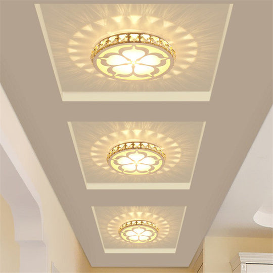 Ultrathin Round Led Crystal Flush Mount Ceiling Light With Flower Pattern - Elegant Corridor Lamp