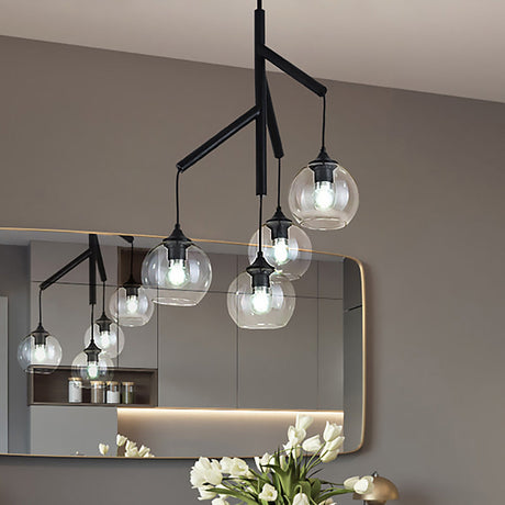 Contemporary 4-Light Metal Branch Chandelier: Black Hanging Pendant With Clear Glass Shade