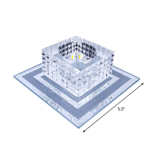 Modern Crystal Led Flush Mount Ceiling Light For Hallways - Square Lattice Cut Design In Clear