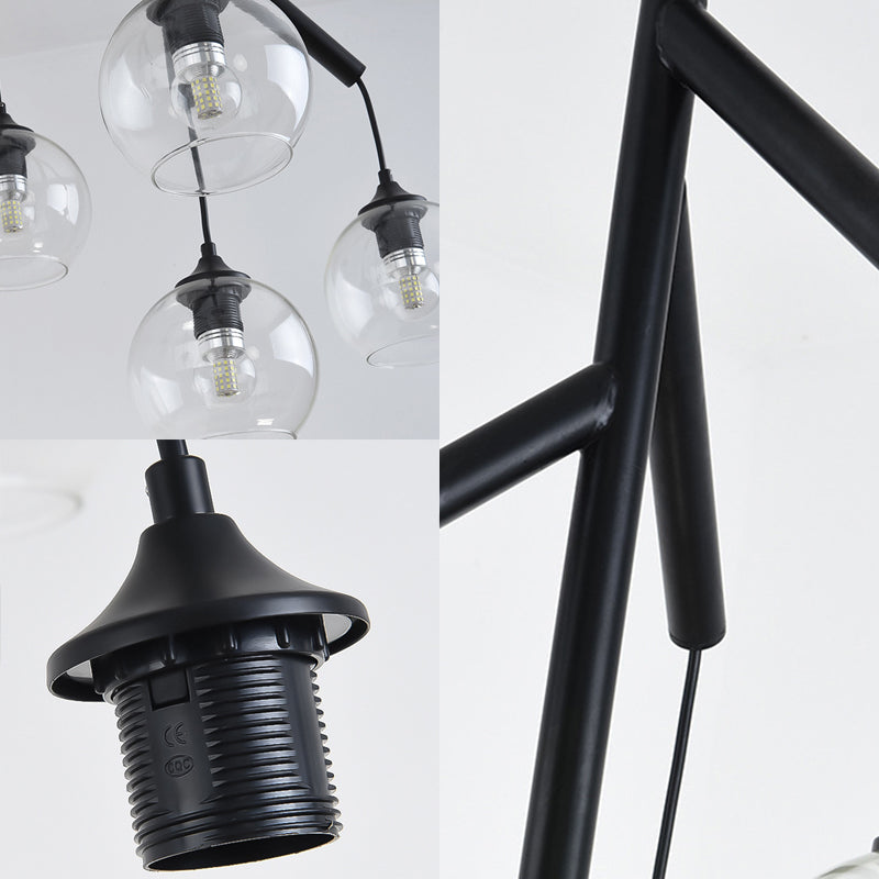 Contemporary 4-Light Metal Branch Chandelier: Black Hanging Pendant With Clear Glass Shade