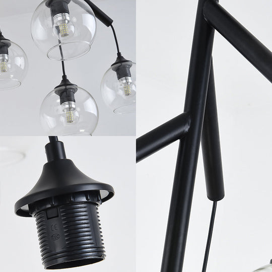 Contemporary 4-Light Metal Branch Chandelier: Black Hanging Pendant With Clear Glass Shade