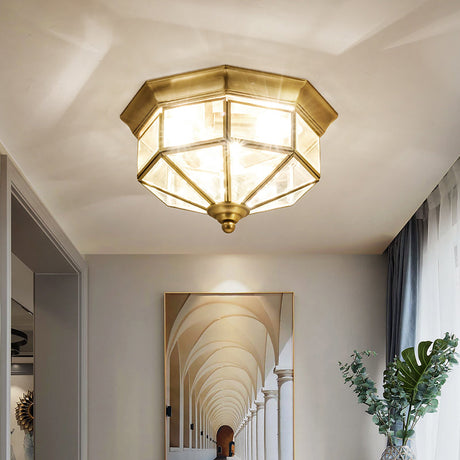 Traditional Gold Flush Mount Foyer Ceiling Light With Octagon Glass Shade - 3 Lights