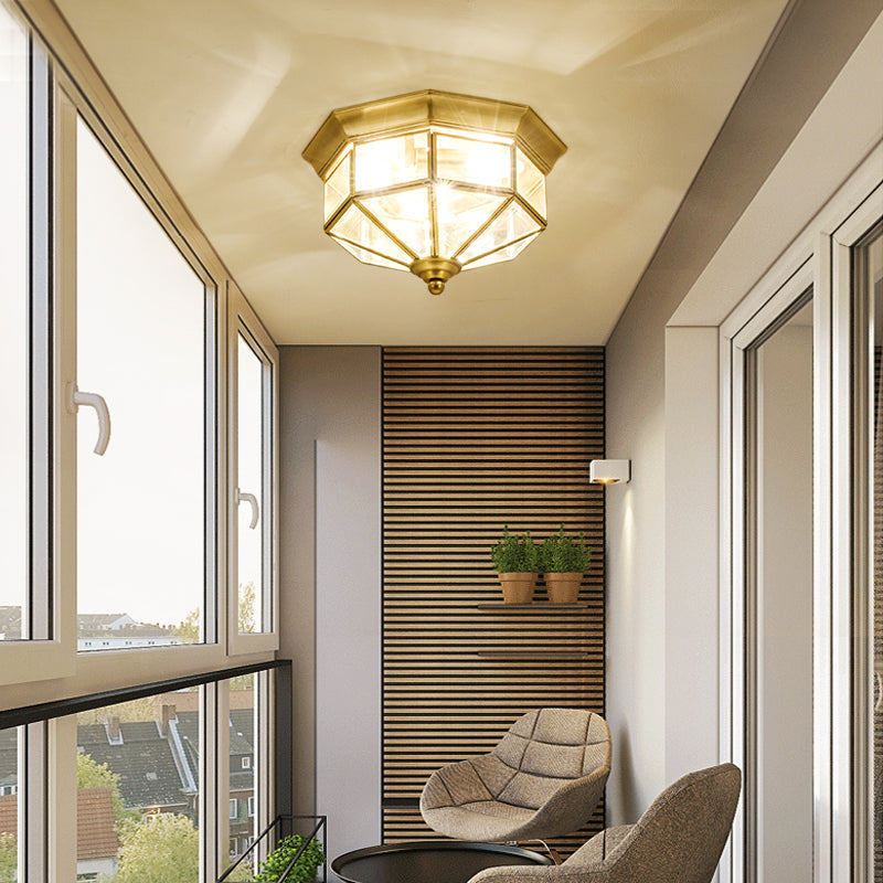 Traditional Gold Flush Mount Foyer Ceiling Light With Octagon Glass Shade - 3 Lights