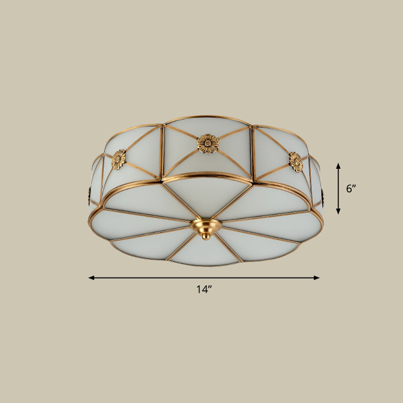 Antique White Glass Brass Flush-Mount Ceiling Light For Living Room With X-Brace And Floral Design 3