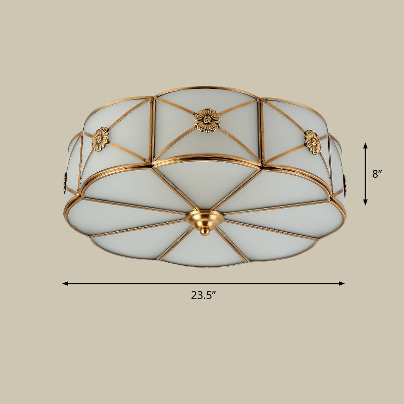 Antique White Glass Brass Flush-Mount Ceiling Light For Living Room With X-Brace And Floral Design 6