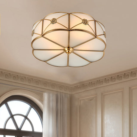 Antique White Glass Brass Flush-Mount Ceiling Light For Living Room With X-Brace And Floral Design