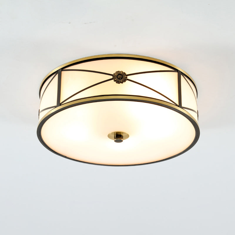 Frosted White Glass Flush Mount Ceiling Light For Bedroom - Traditional Drum Style / 18’