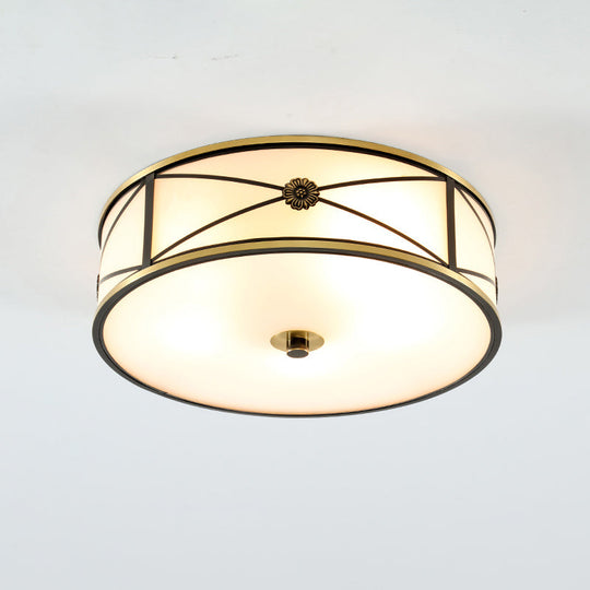 Frosted White Glass Flush Mount Ceiling Light For Bedroom - Traditional Drum Style / 18’