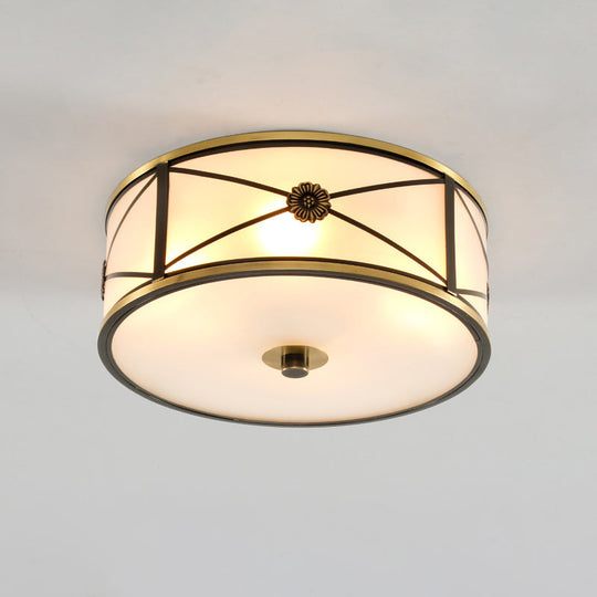 Frosted White Glass Flush Mount Ceiling Light For Bedroom - Traditional Drum Style / 14’