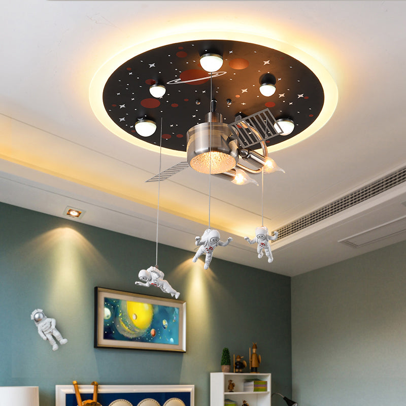 Satellite Astronaut - Themed Metal Flushmount Ceiling Light With 3 - Bulb For Children’s Room