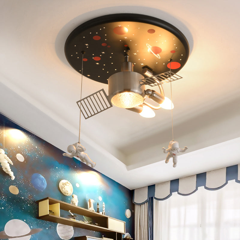 Satellite Astronaut-Themed Metal Flushmount Ceiling Light With 3-Bulb For Childrens Room