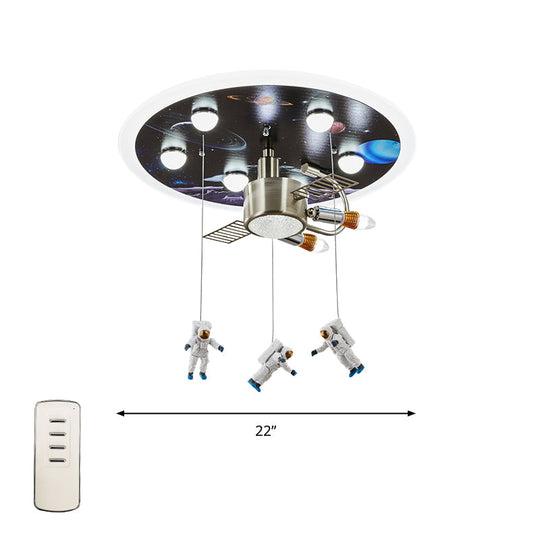 Satellite Astronaut-Themed Metal Flushmount Ceiling Light With 3-Bulb For Childrens Room Blue