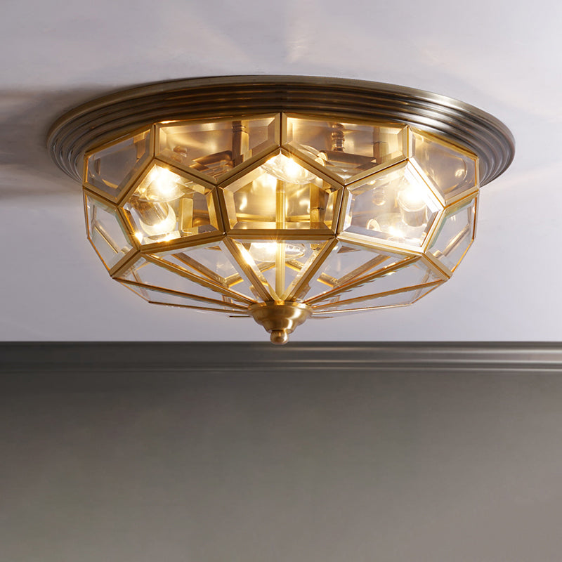 Antique Black & Brass Bedroom Flushmount Light With Clear Glass