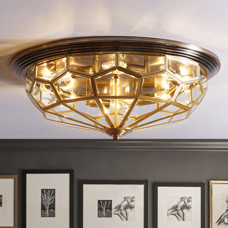 Antique Black & Brass Bedroom Flushmount Light With Clear Glass