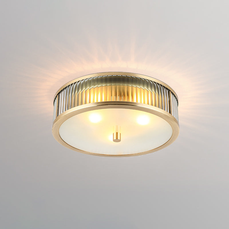 Modern Brass Flush Mount Ceiling Light – Simplicity Drum Shape Ribbed Clear Glass For Bedroom 3 /