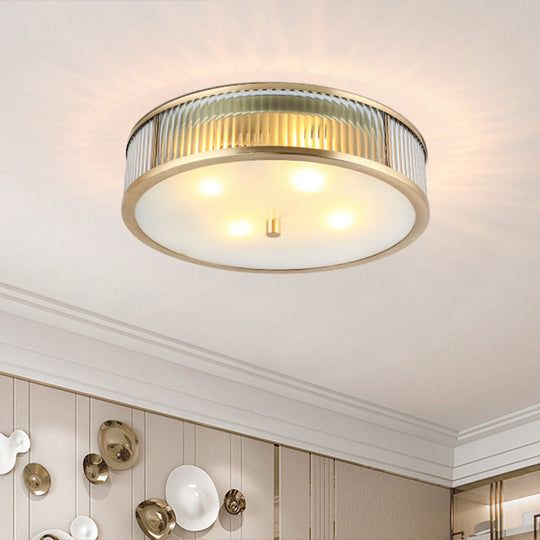 Modern Brass Flush Mount Ceiling Light – Simplicity Drum Shape Ribbed Clear Glass For Bedroom