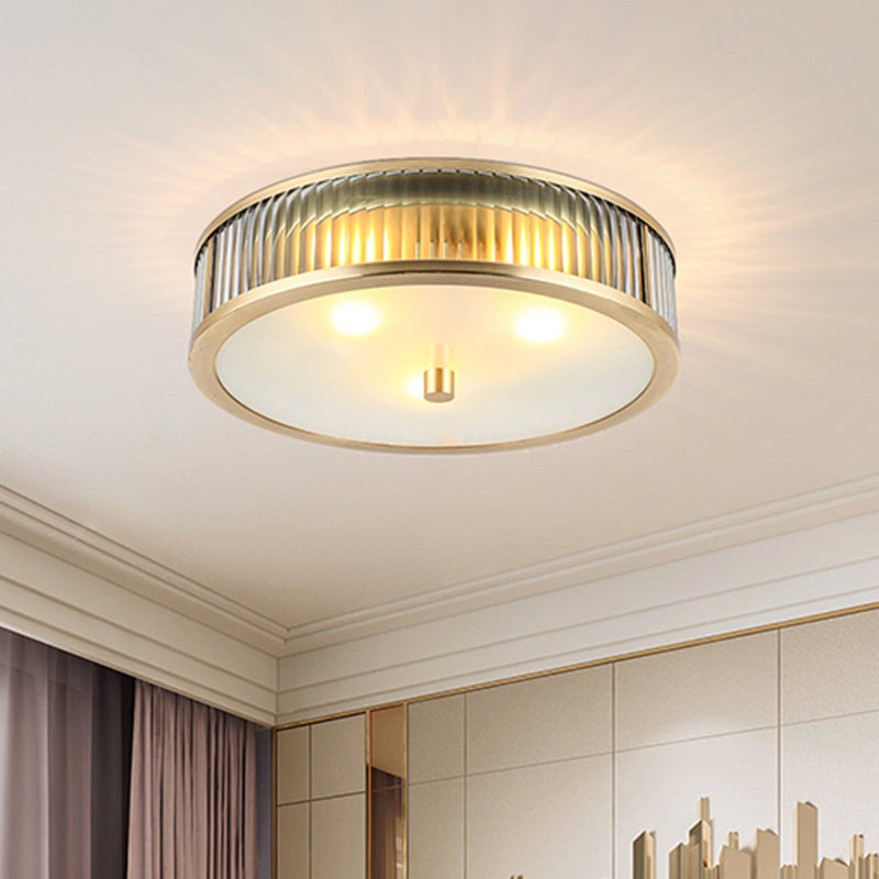 Modern Brass Flush Mount Ceiling Light – Simplicity Drum Shape Ribbed Clear Glass For Bedroom