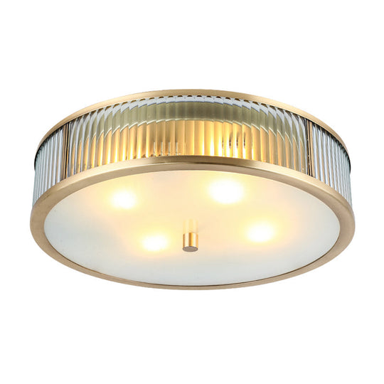 Modern Brass Flush Mount Ceiling Light Simplicity Drum Shape Ribbed Clear Glass For Bedroom