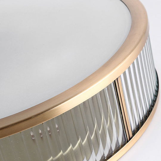 Modern Brass Flush Mount Ceiling Light – Simplicity Drum Shape Ribbed Clear Glass For Bedroom