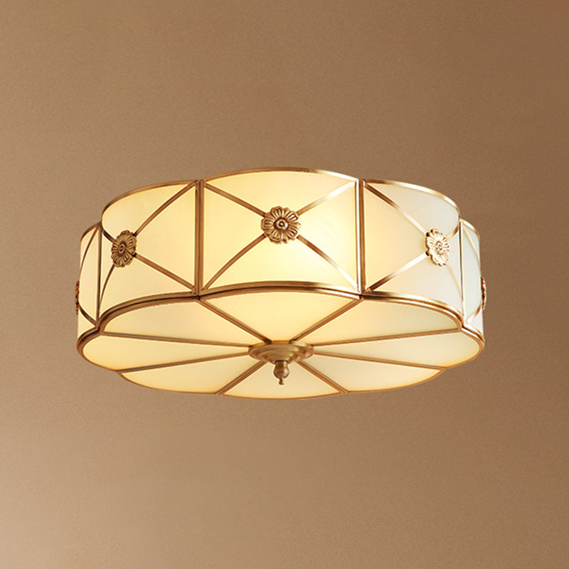 Traditional Scalloped Glass Ceiling Lamp In White & Brass For Bedroom Flush Mount Lighting 6 /