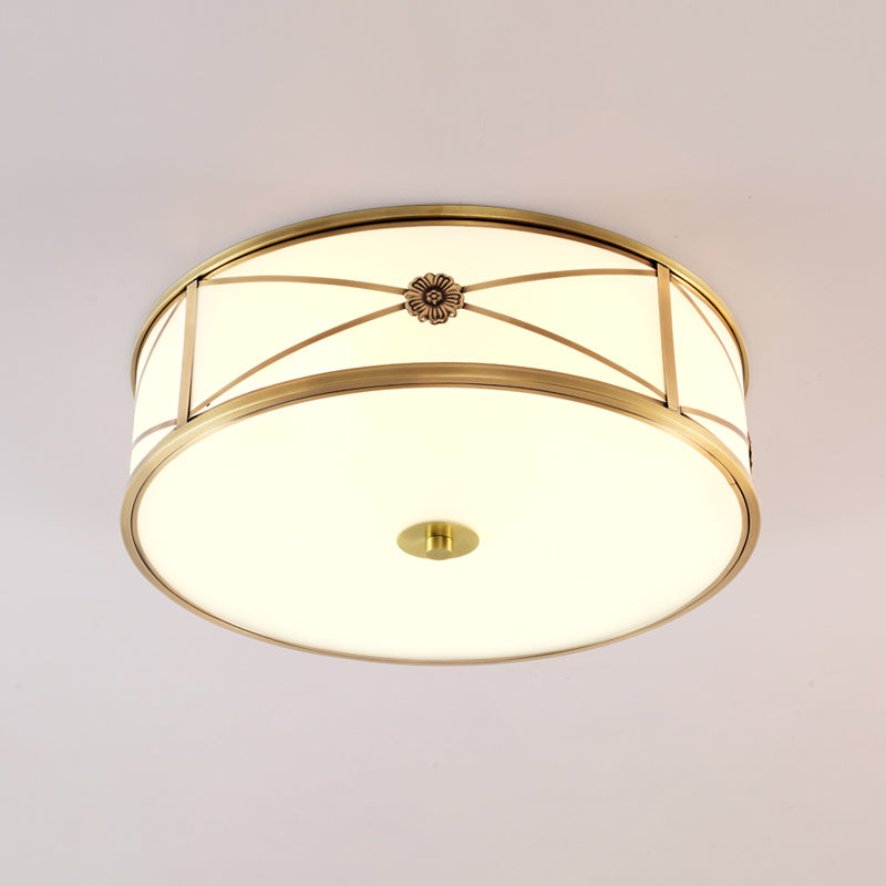 Minimalist Brass White Glass Flush Mount Ceiling Light For Bedroom / 14’