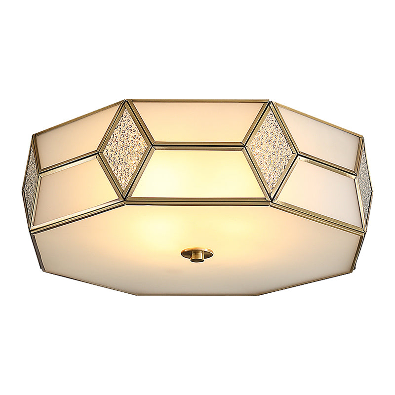 Octagon Flush Mount Bedroom Ceiling Light Fixture With Minimalistic Textured White Glass And Brass