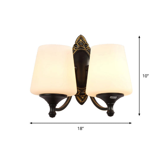 Frosted White Glass Cone Wall Light - Vintage Living Room Sconce Lighting (Black)