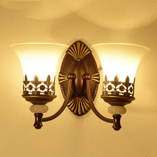 Rustic Flared Bedroom Sconce Wall Lamp With Frosted White Glass