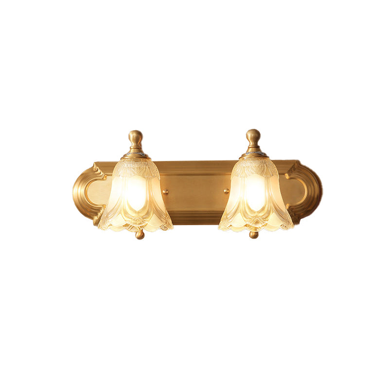 Antique Gold Floral Vanity Lighting - Semi-Opaque Glass Bathroom Wall Light Fixture