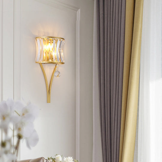 Traditional Curved Crystal Flush Wall Sconce - 1-Light Bedside Lighting Fixture