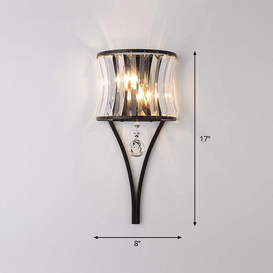 Traditional Curved Crystal Flush Wall Sconce - 1-Light Bedside Lighting Fixture Black