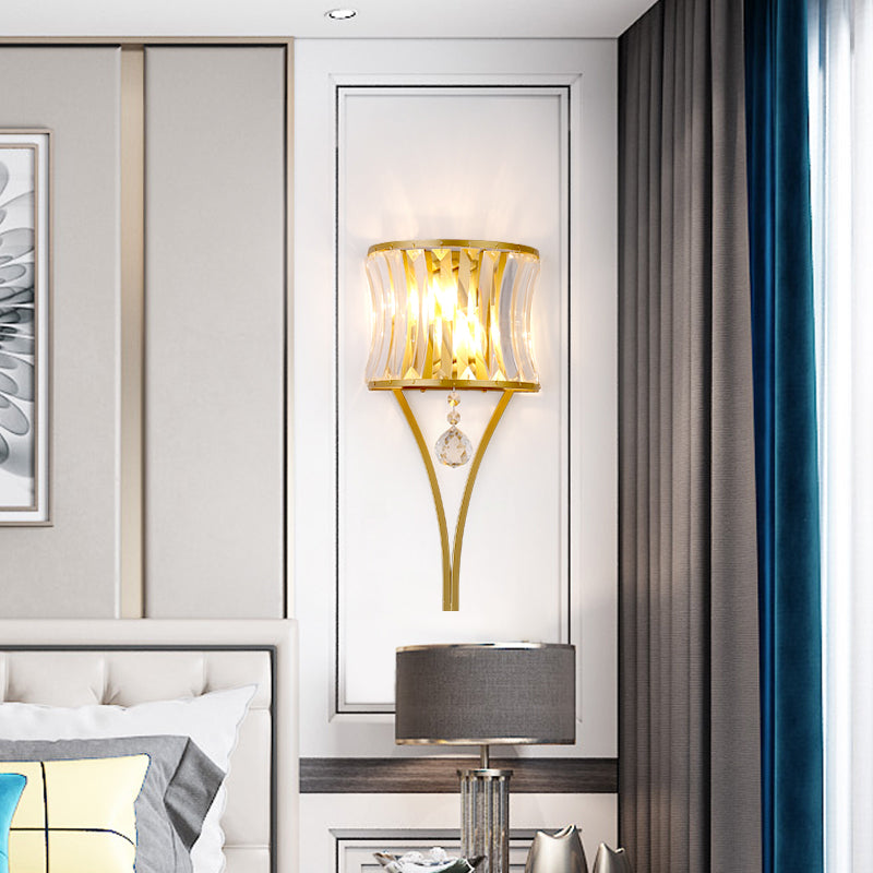 Traditional Curved Crystal Flush Wall Sconce - 1-Light Bedside Lighting Fixture