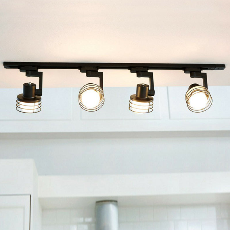 Black Wire Cage Semi Flush Mount Ceiling Light - Nordic Style 4 - Bulb Metal Track Lamp For Dining