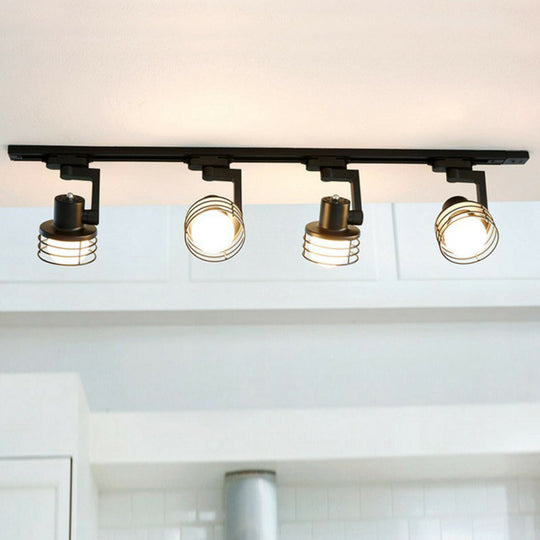 Black Wire Cage Semi Flush Mount Ceiling Light - Nordic Style 4 - Bulb Metal Track Lamp For Dining