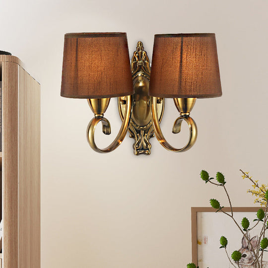 Traditional Wall Mount Lamp 1/2-Light Metal Sconce With Fabric Shade In Coffee For Living Room 2 /