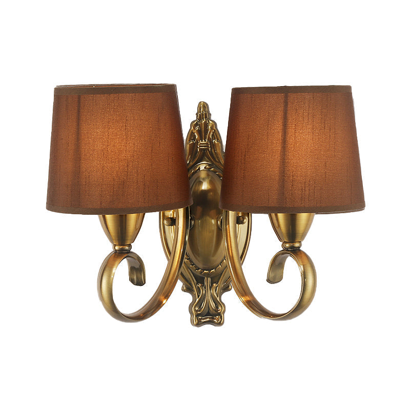 Traditional Wall Mount Lamp 1/2-Light Metal Sconce With Fabric Shade In Coffee For Living Room
