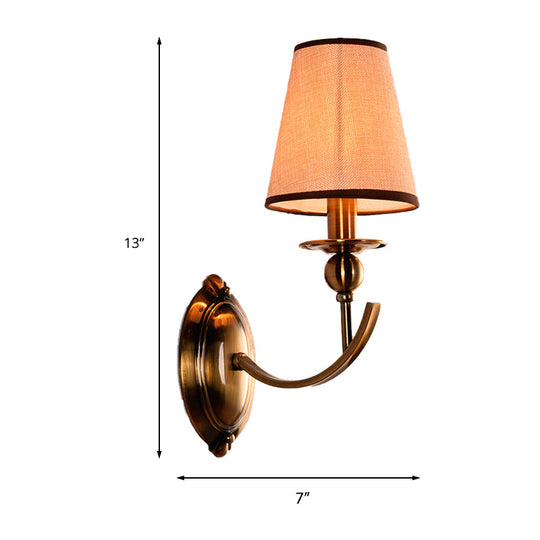 Vintage Conical Fabric Shade Wall Light Brass Sconce For Bedroom Lighting