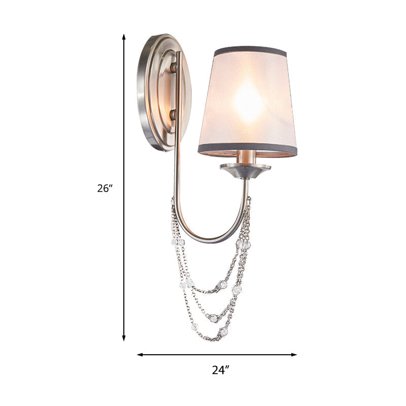 Retro Silver Wall Mount Lamp With Tapered Fabric Shade For Living Room Décor