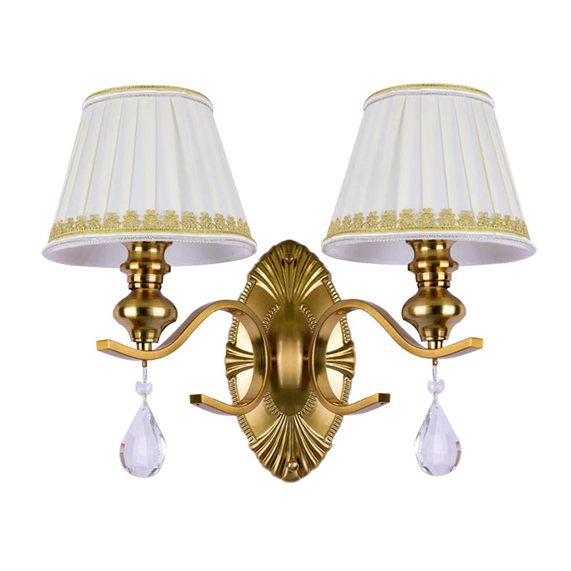 Vintage Fabric Gold Wall Sconce With Crystal Drop - Empire Shade 1/2-Light Mount Fixture