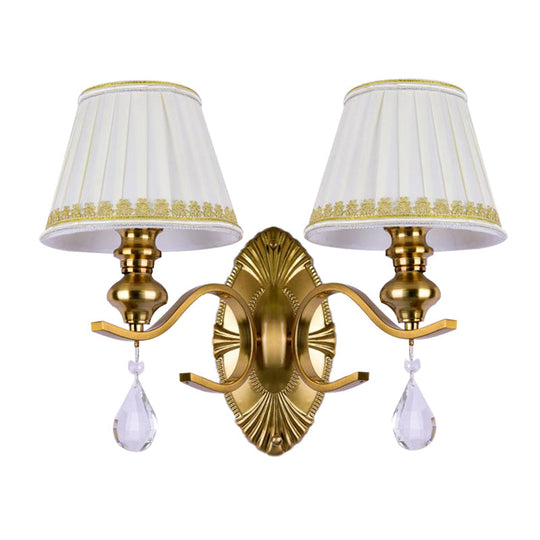 Vintage Fabric Gold Wall Sconce With Crystal Drop - Empire Shade 1/2-Light Mount Fixture