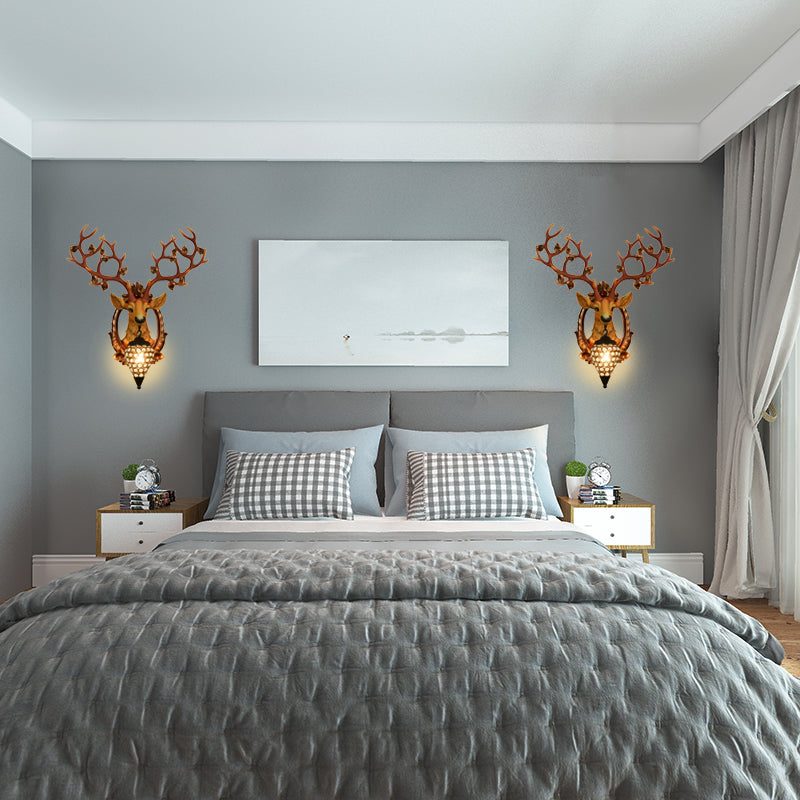 Vintage Resin Deer Wall Lamp - 19.5/23 White/Yellow Sconce Light With Crystal Teardrop Shade