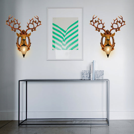 Vintage Resin Deer Wall Lamp - 19.5/23 White/Yellow Sconce Light With Crystal Teardrop Shade