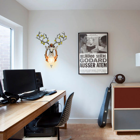 Vintage Resin Deer Wall Lamp - 19.5/23 White/Yellow Sconce Light With Crystal Teardrop Shade