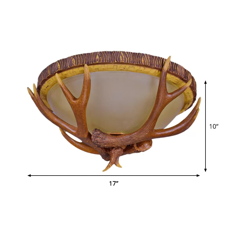 Farmhouse Brown Frosted Glass Ceiling Light With Antler Deco - 3 - Light Dome Flush Mount Fixture