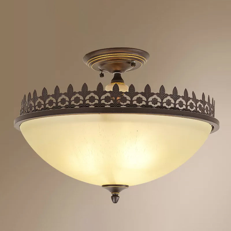 Vintage Brown Filigree Frame Flush Mount Ceiling Light With Frosted Glass Bowl / 18’